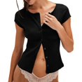 thumbnail image 1 of Women'S Short Sleeve Summer Tops Ribbed Knit Button Down Tight Tees Shirts Going Out Y2K Clothes Black M, 1 of 8