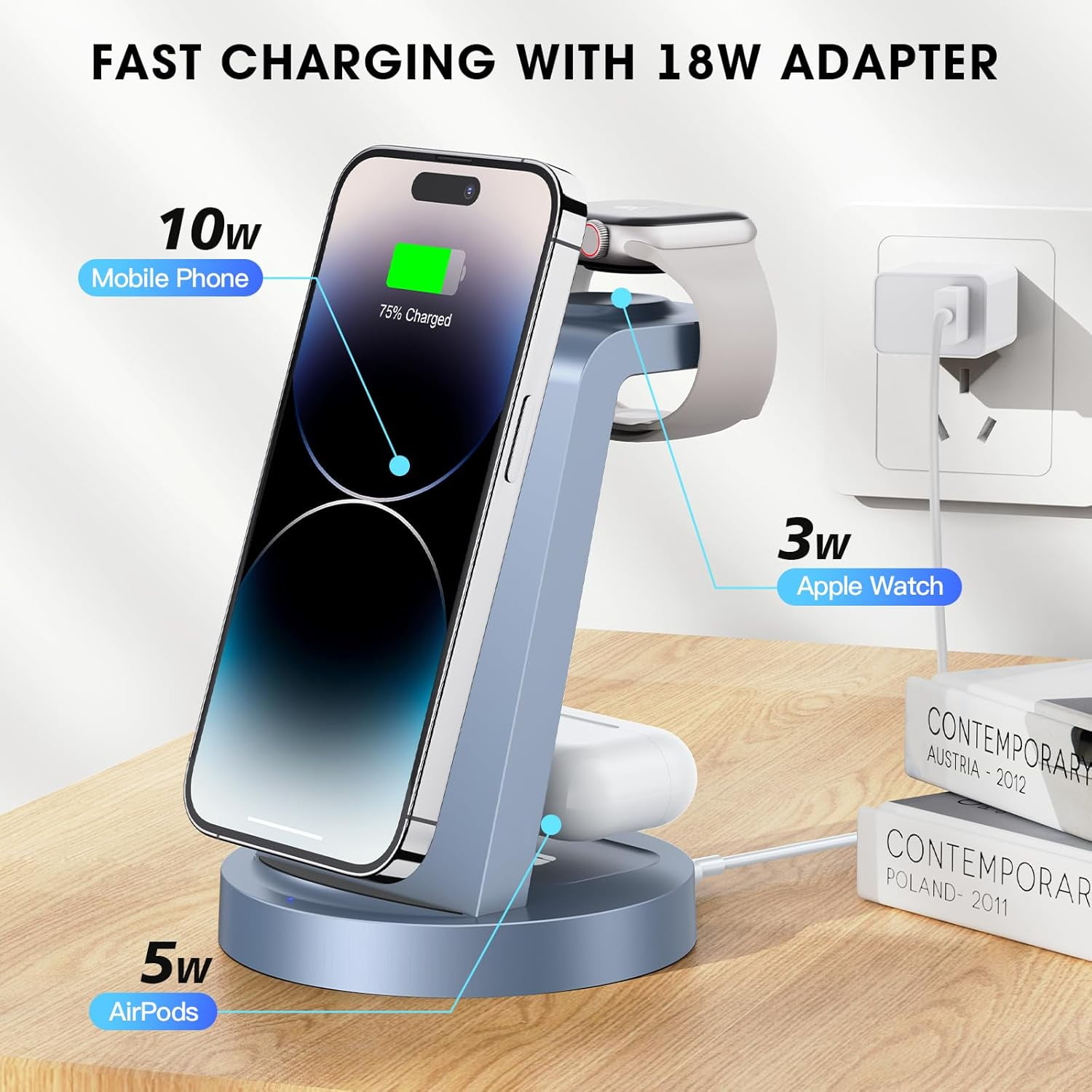ETEPEHI Wireless Charger - 3 in 1 Charging Station Compatible for iPhone & iWatch - Charging Stand Dock for AirPods (Blue)