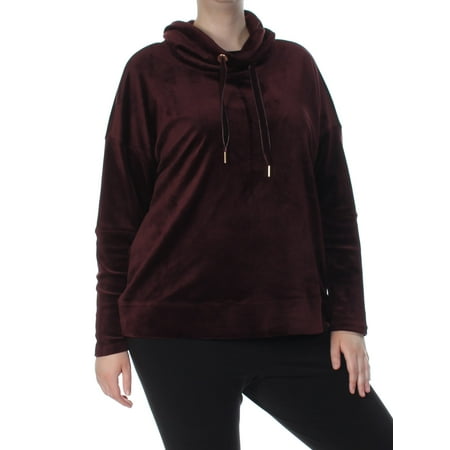 CALVIN KLEIN $79 Womens New 1092 Burgundy Velour Long Sleeve Hooded Top 1X Plus