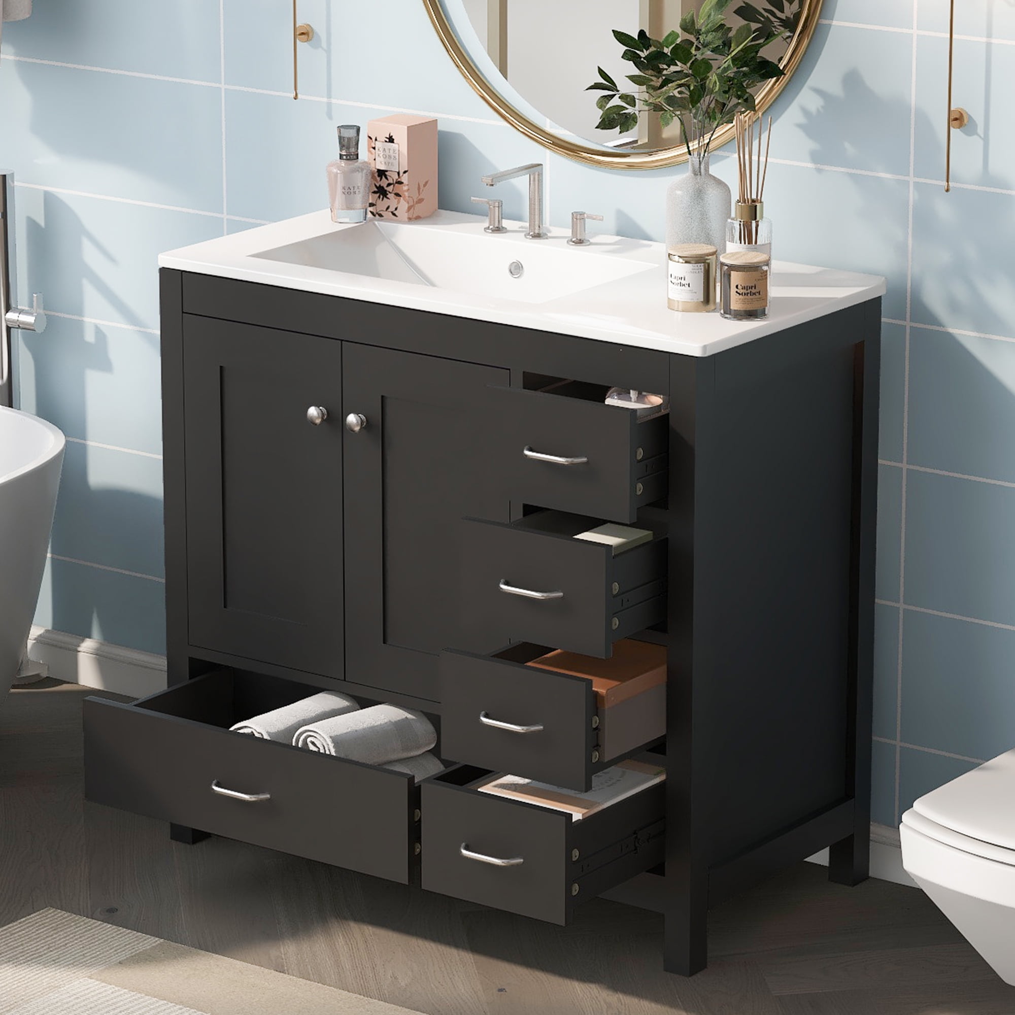 Euroco 36" Black Bathroom Vanity with Ceramic Sink Combo, Abundant Storage Cabinet -2 Soft close doors and 5 drawers