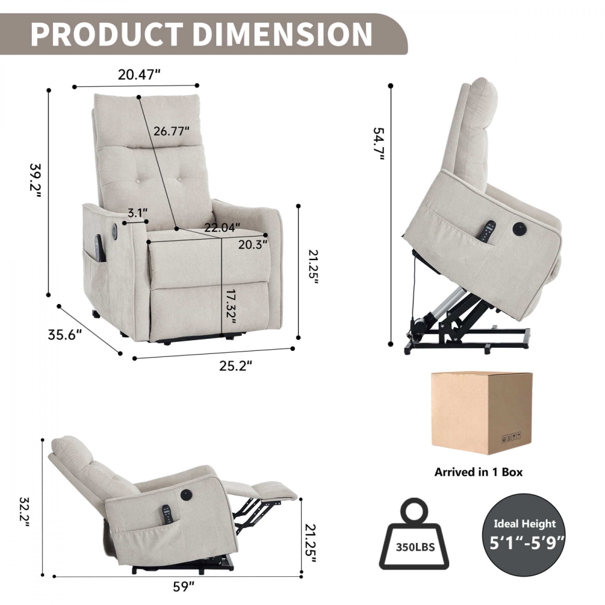 Beige  Chenille Single Motor Power Lift Recliner Chair with Massage and Heat for Elderly, Heavy Duty Motion Mechanism and One USB for Charging, Max Reclining Angle 155°
