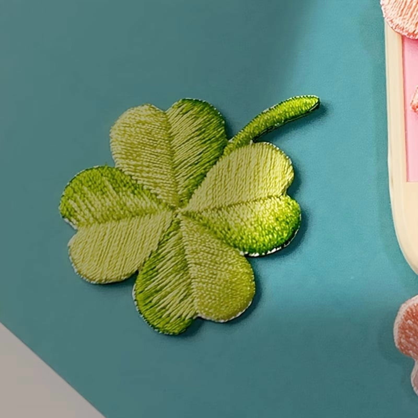 2pcs Vibrant Green Four Leaf Clover Embroidered Patches - Acrylic DIY Badges for Backpacks, Hats & Clothing - Knitted Punk Style