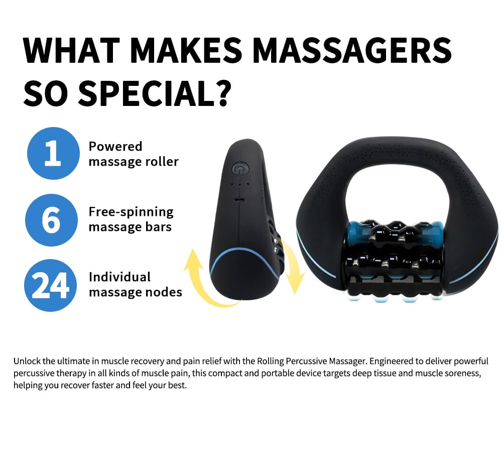 Deep Tissue Percussive Massager with Rolling Function - 3-Speed Portable Muscle Recovery Tool for Runners, Gym & Home Use - Rechargeable Handheld Massage Gun for Back, Legs & Shoulders