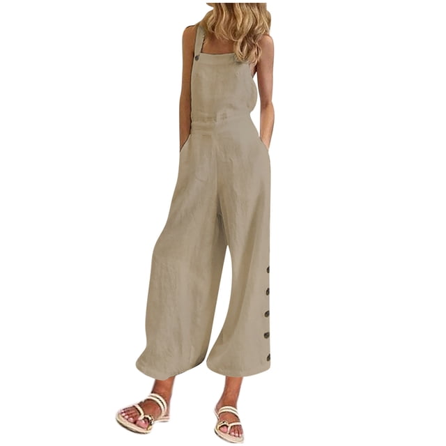 biudgviw Women's Plus Size Jumpsuits Spring Summer Sleeveless Square Neck Wide Leg Casual Rompers Loose Overalls with Pockets
