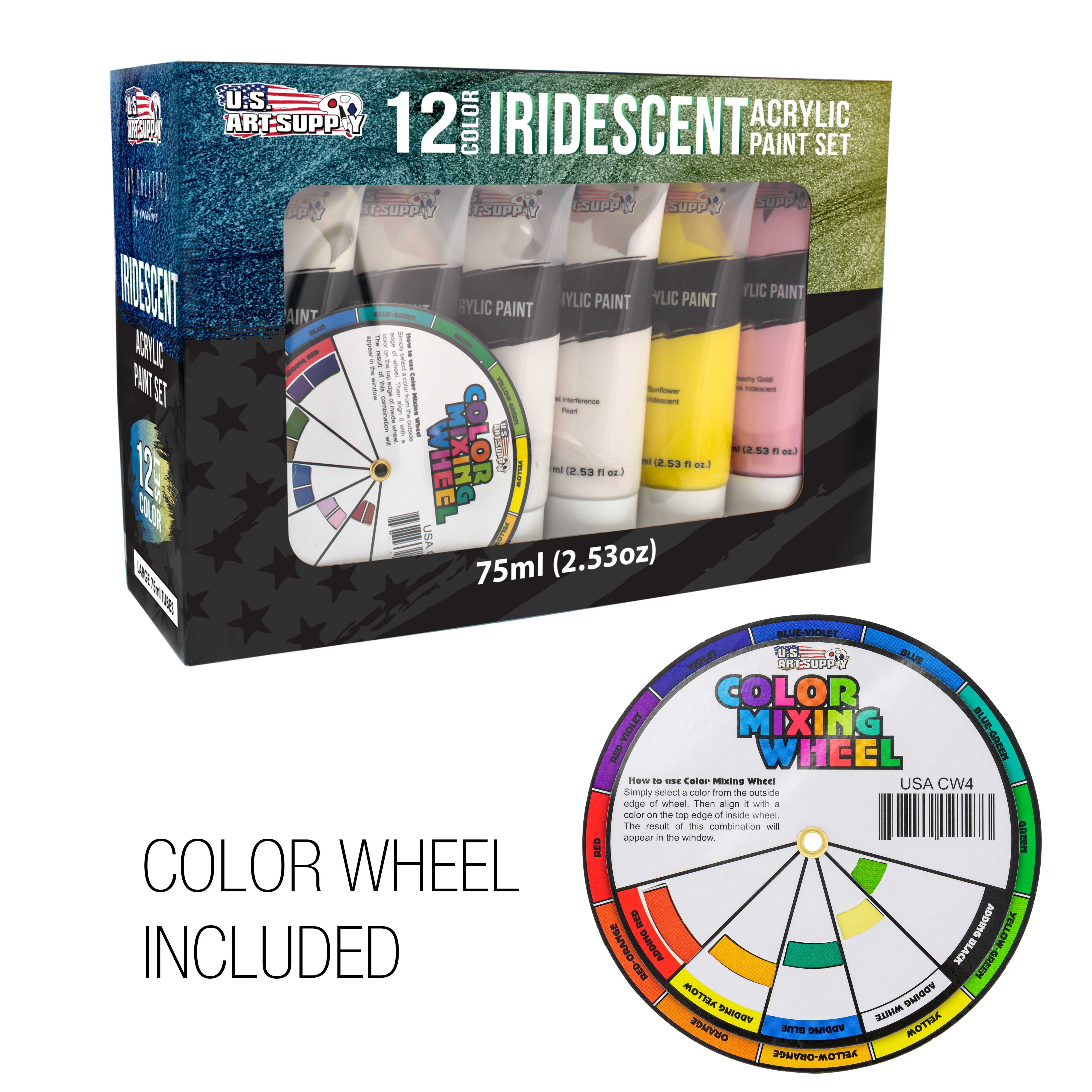 U.S. Art Supply Professional 12 Color Set of Iridescent Acrylic Paint, Large 75ml Tubes - Luminescent Special Effect Chameleon Color-Shifting Pearl Colors - Artists, Canvas Painting, Paper, Wood
