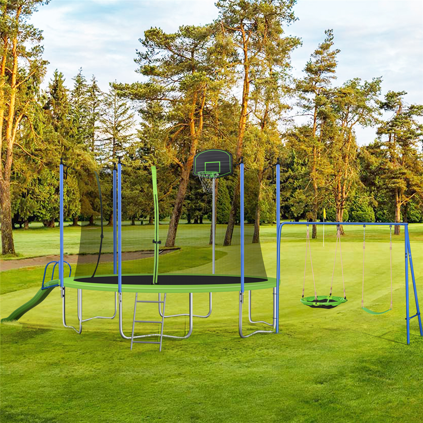 14FT Trampoline with Basketball Hoop, Outdoor Recreational Trampolines with Ladder, Safety Enclousure Net, Swing and Slide, Built-in Zipper Trampoline, Capacity for 5-8 Kids and Adults, Blue