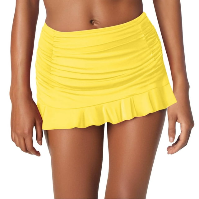 Women's Low Waisted Ruched Ruffle Mini Swim Skirts With Hipster Bikini Bottoms Swimsuit Yellow Large