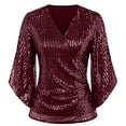 thumbnail image 5 of zaveiop Womens Sparkly Sequin Tops,3/4 Sleeve Glitter Party Dressy Blouse,V-Neck Disco Evening Club Concert Shirt (Wine, L), 5 of 6