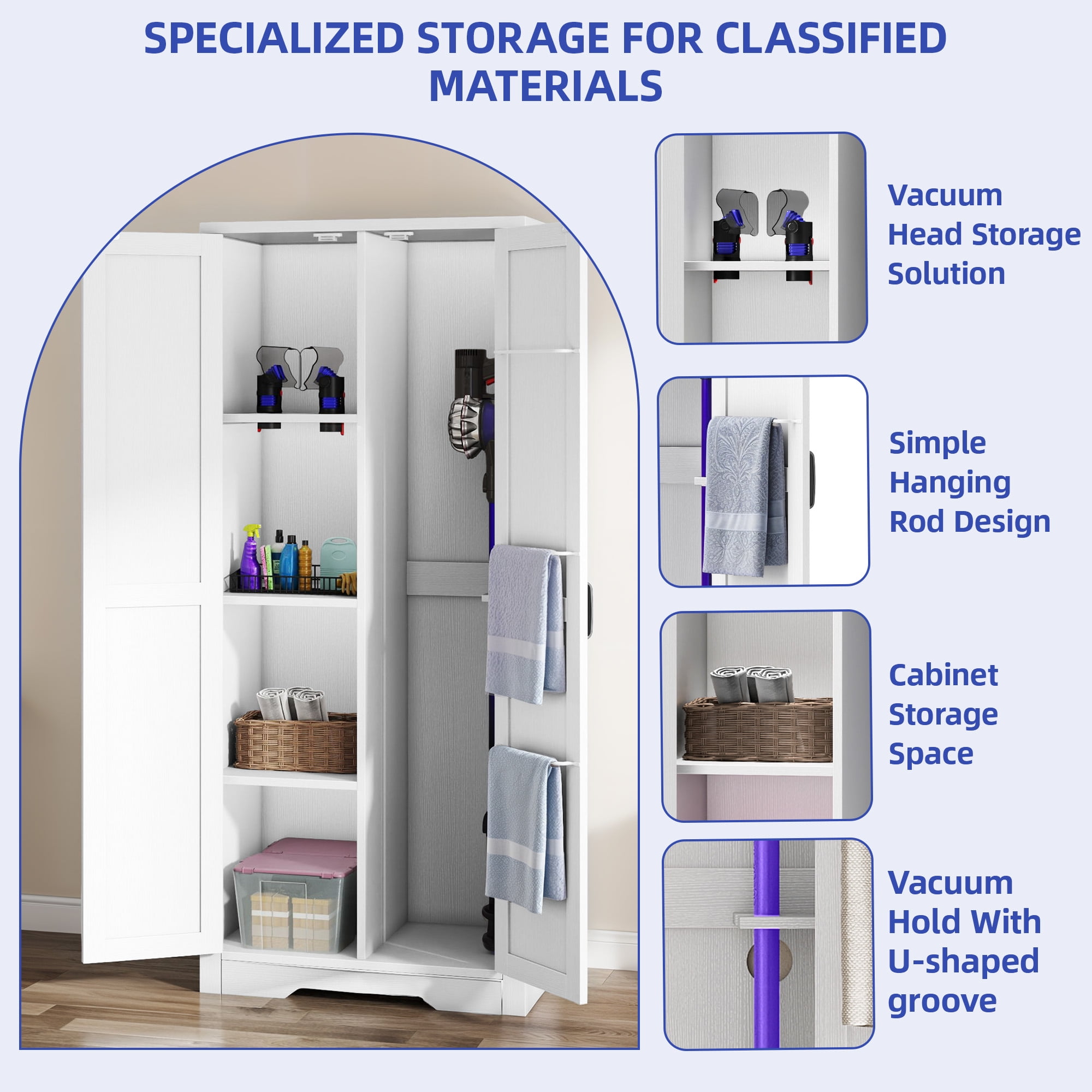 ModFusion Vacuum Storage Cabinet with Hanging Rod, 4.5 ft Tall Wood Utility Cleaning Tool Storage, Farmhouse Doors, Household Cleaner Organizer, Room Closet, White