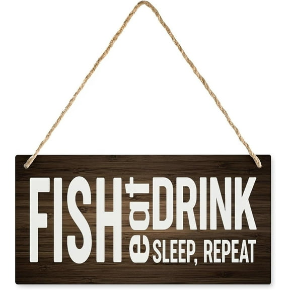 Wood Hanging Decor Sign Fish-Eat-Sleep-Repeat Hanging Wooden Door Sign Rustic Signs For Front Door Living Room Wall Farmhouse Porch Home Decor 12 X 6 Inch