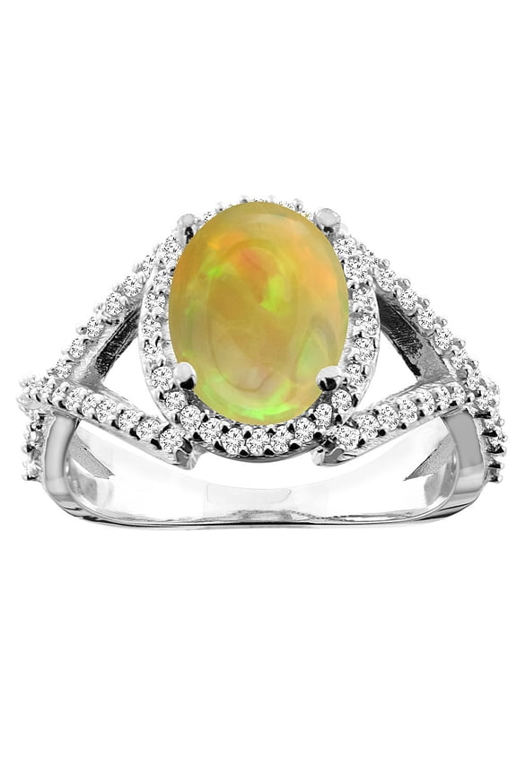 10K White Gold Diamond Natural Ethiopian Opal Engagement Ring Oval 10x8mm, size 5