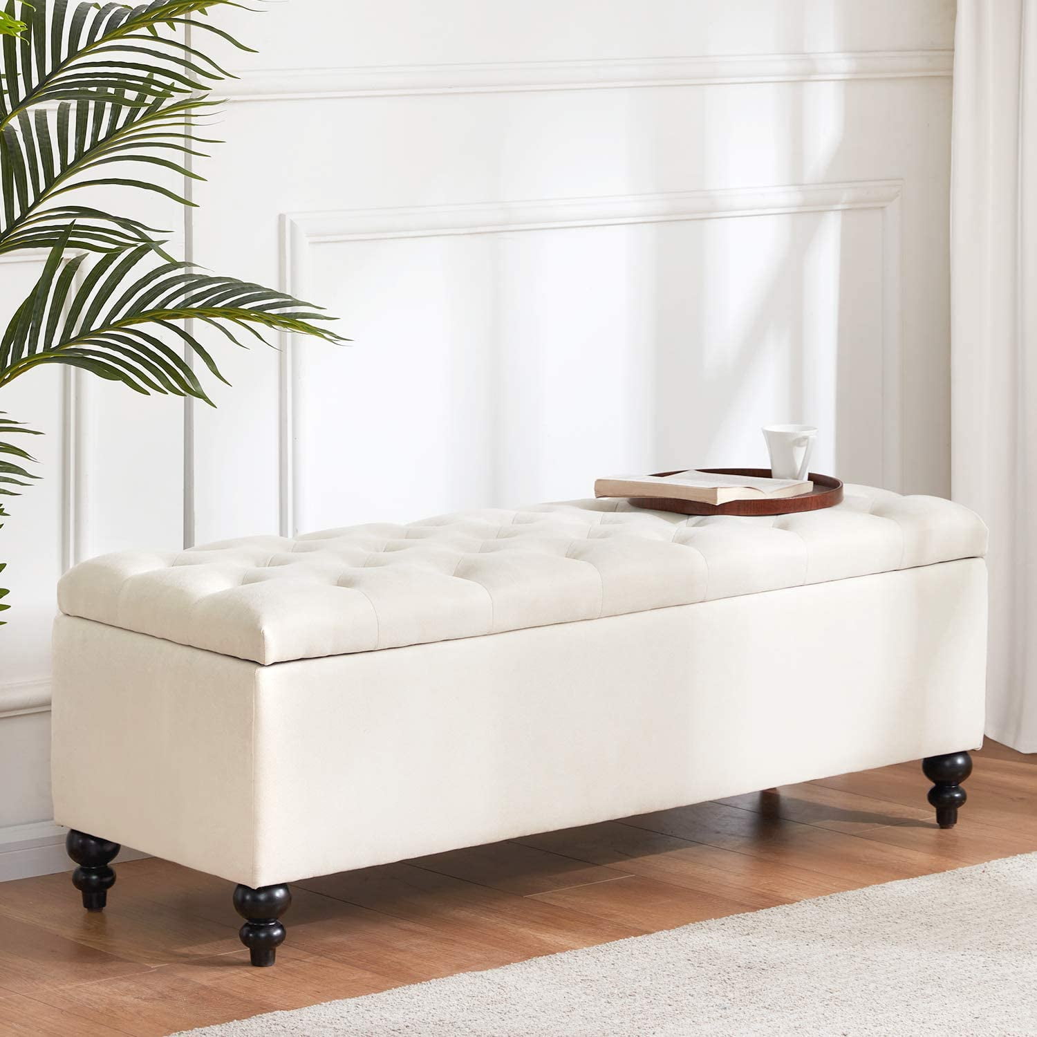 HUIMO ButtonTufted Ottoman with Storage in Upholstered Fabrics, Large Storage Bench for Bedroom