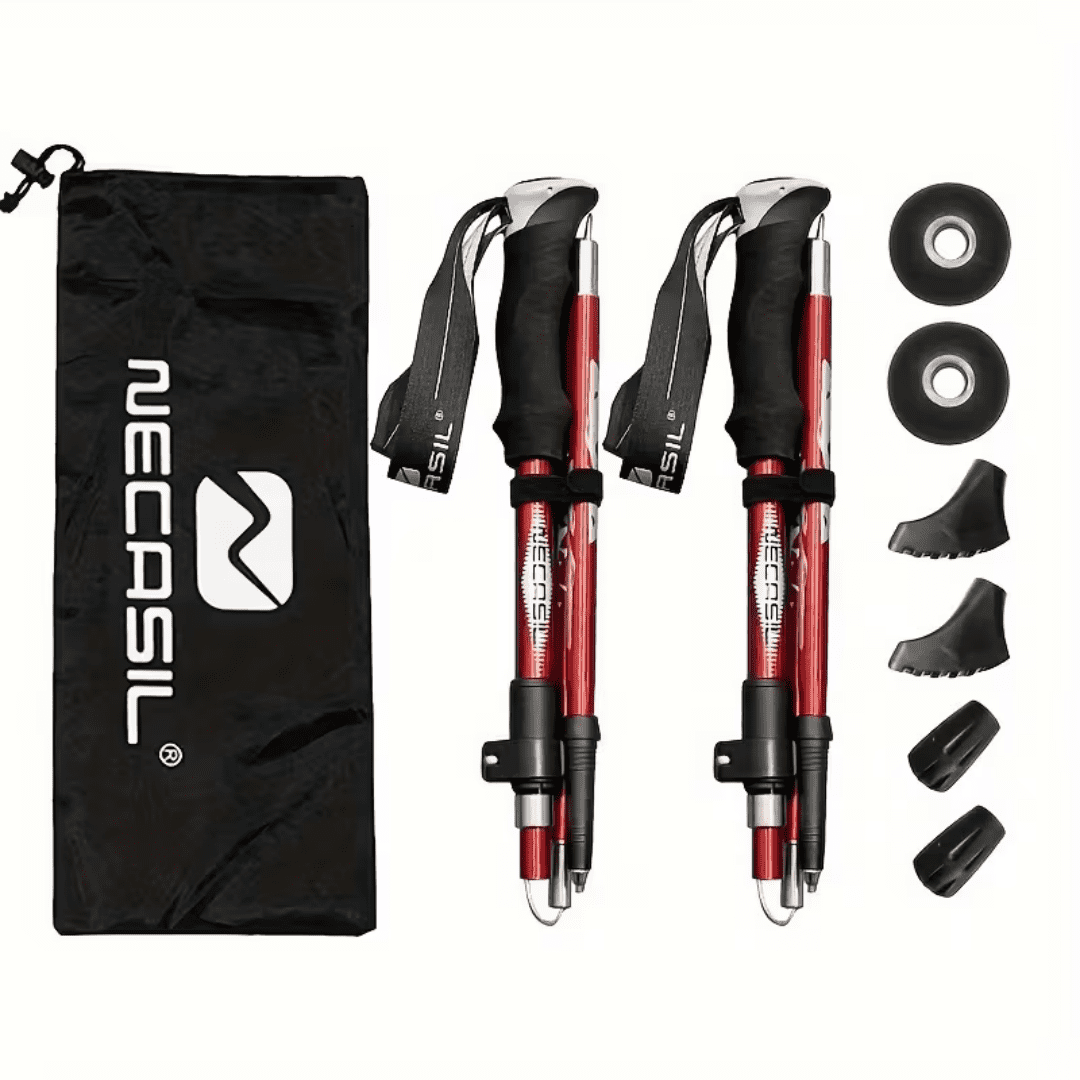 Five Section Folding Trekking Pole For Hiking And Walking, Red