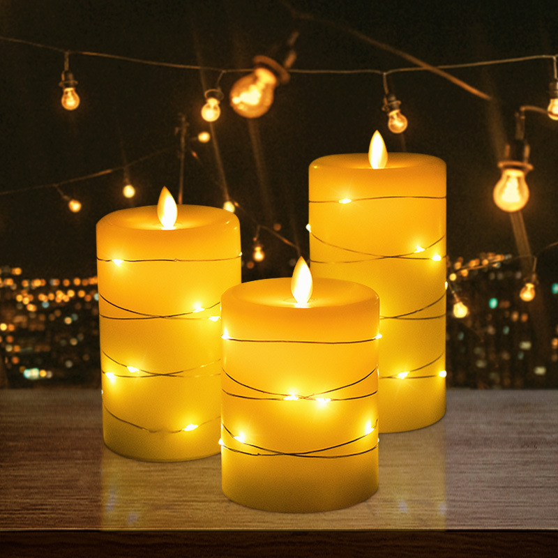 Flameless Battery Operated LED Candles with Embedded String Lights, 3