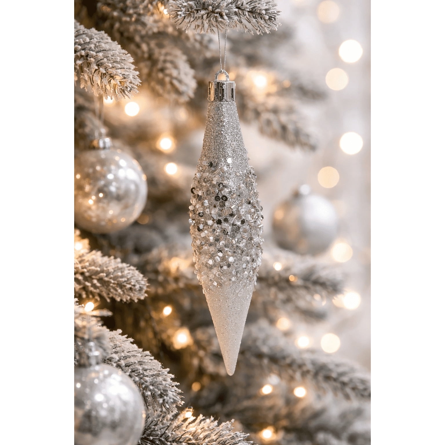 6-Count Silver and White Glitter Ombre Finial Shatterproof Christmas Ornaments, 6.1", by Holiday Time