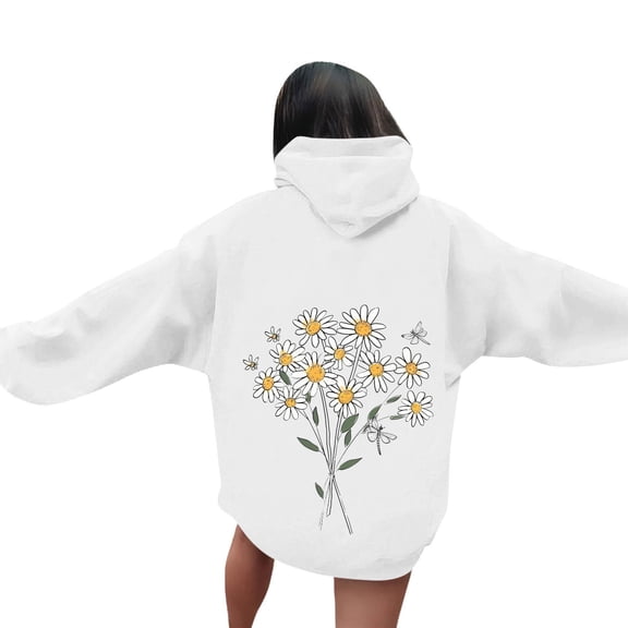 PiGOGI Women's Fashion Hooded Sweatshirt Long Sleeve Printed Loose Fit Pullover Top Casual Wear White XL