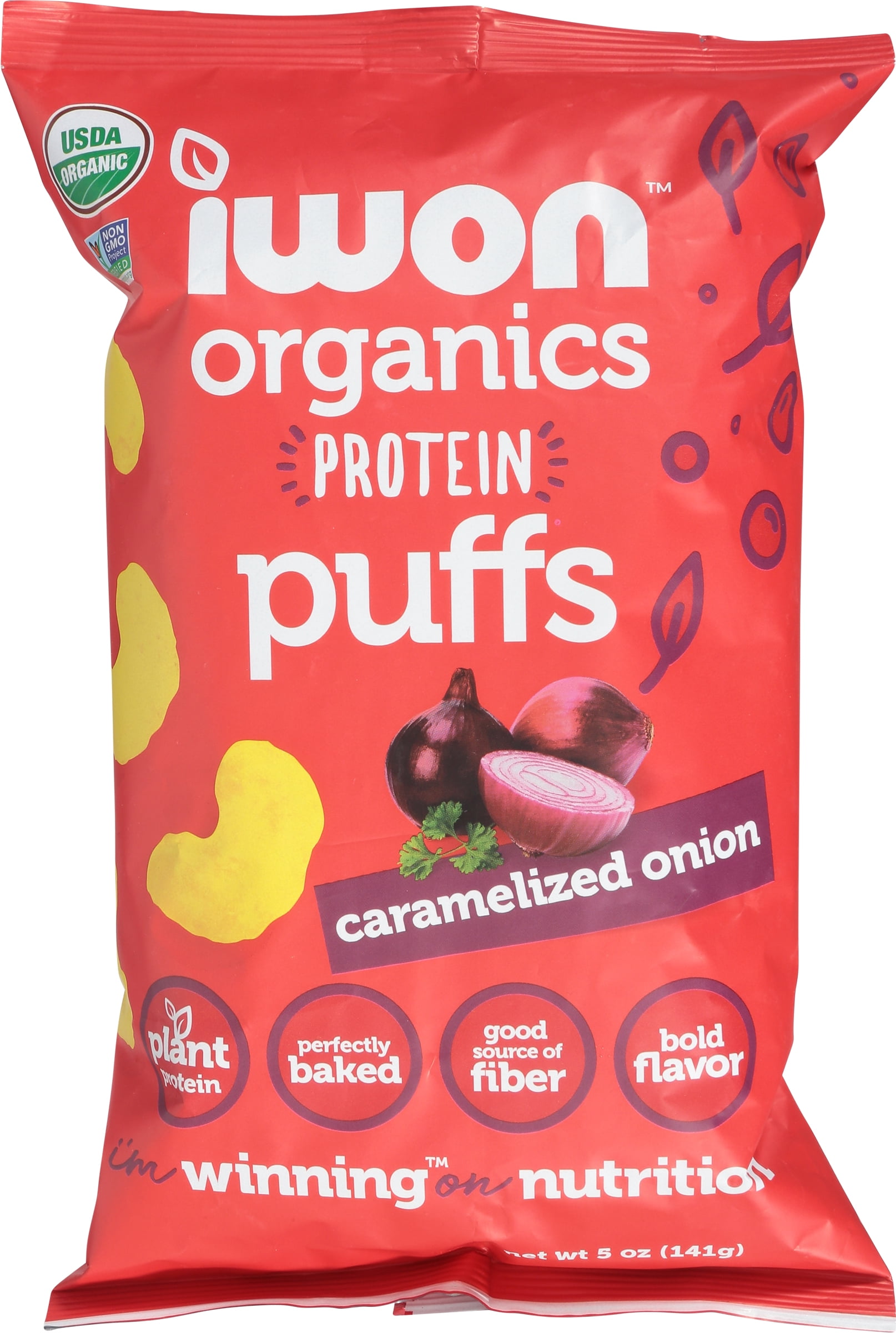 Iwon Organics: Protein Puffs Caramelized Onion, Plastic Bag, 5 oz (142g), Gluten Free, Non-GMO
