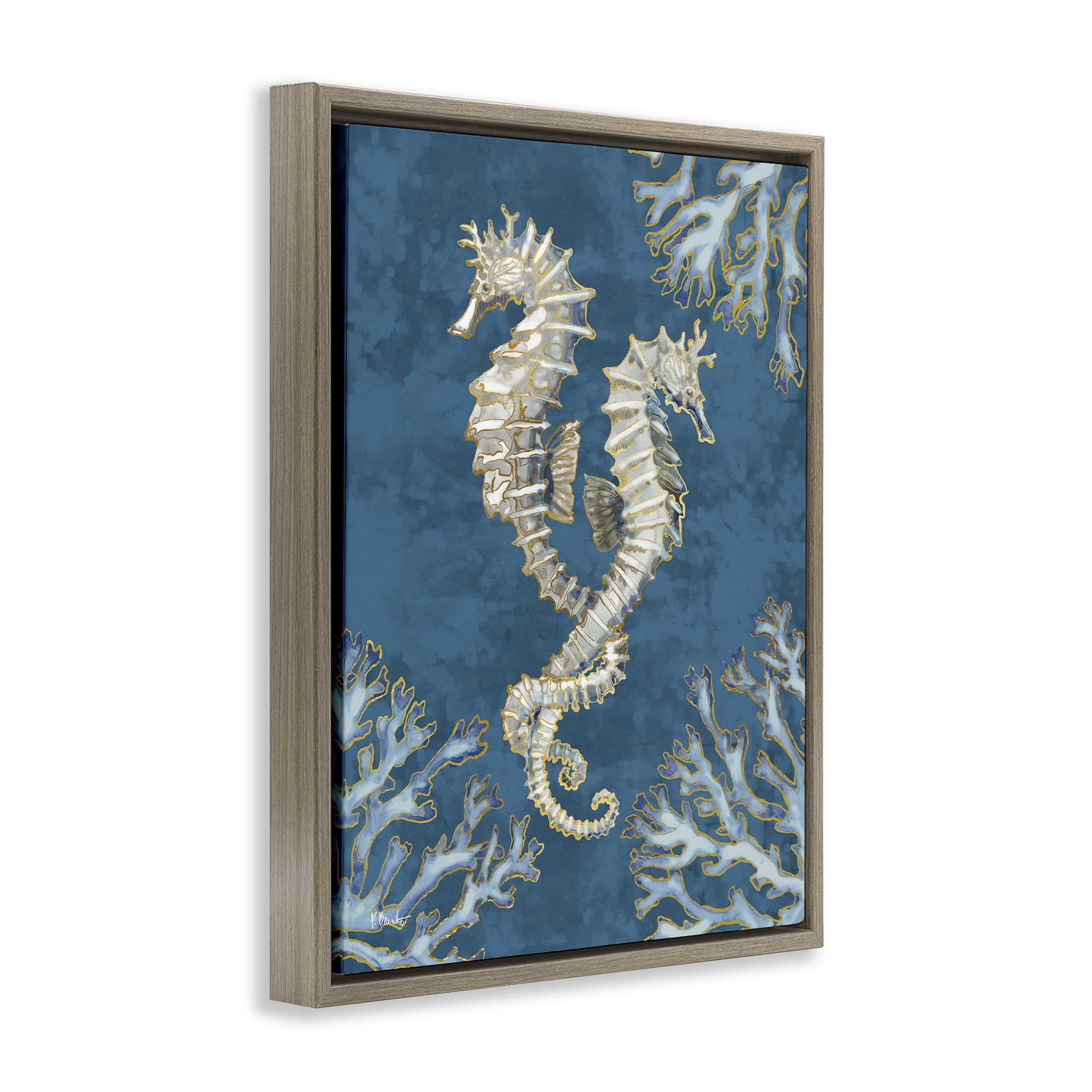 Stupell Industries Intertwined Seahorses Playa Sealife Animals & Insects Painting Brown Floater Framed Canvas Art Print Wall Art, 25 x 31