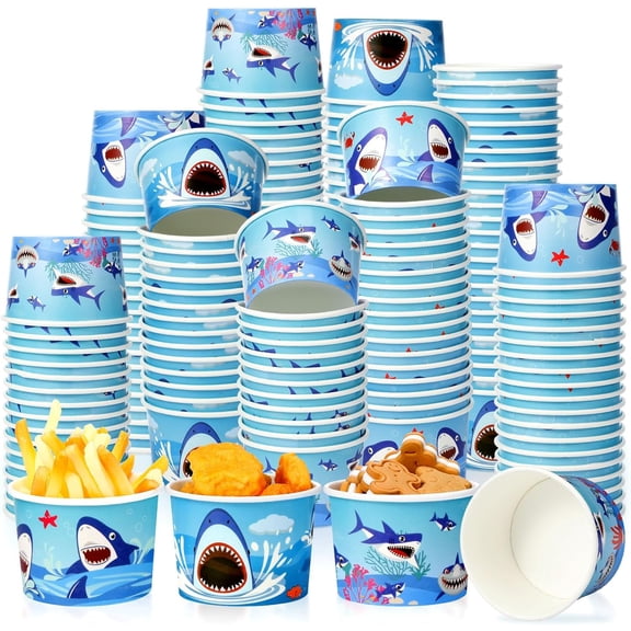 Kids Ocean Theme Party Baby Shower Decoration,  8 oz, 150 Pieces Shark Paper Ice Cream Cups Shark Party Supplies Disposable Ice Cream Bowls Paper Dessert Soup Bowls designed for Hot or Cold Food