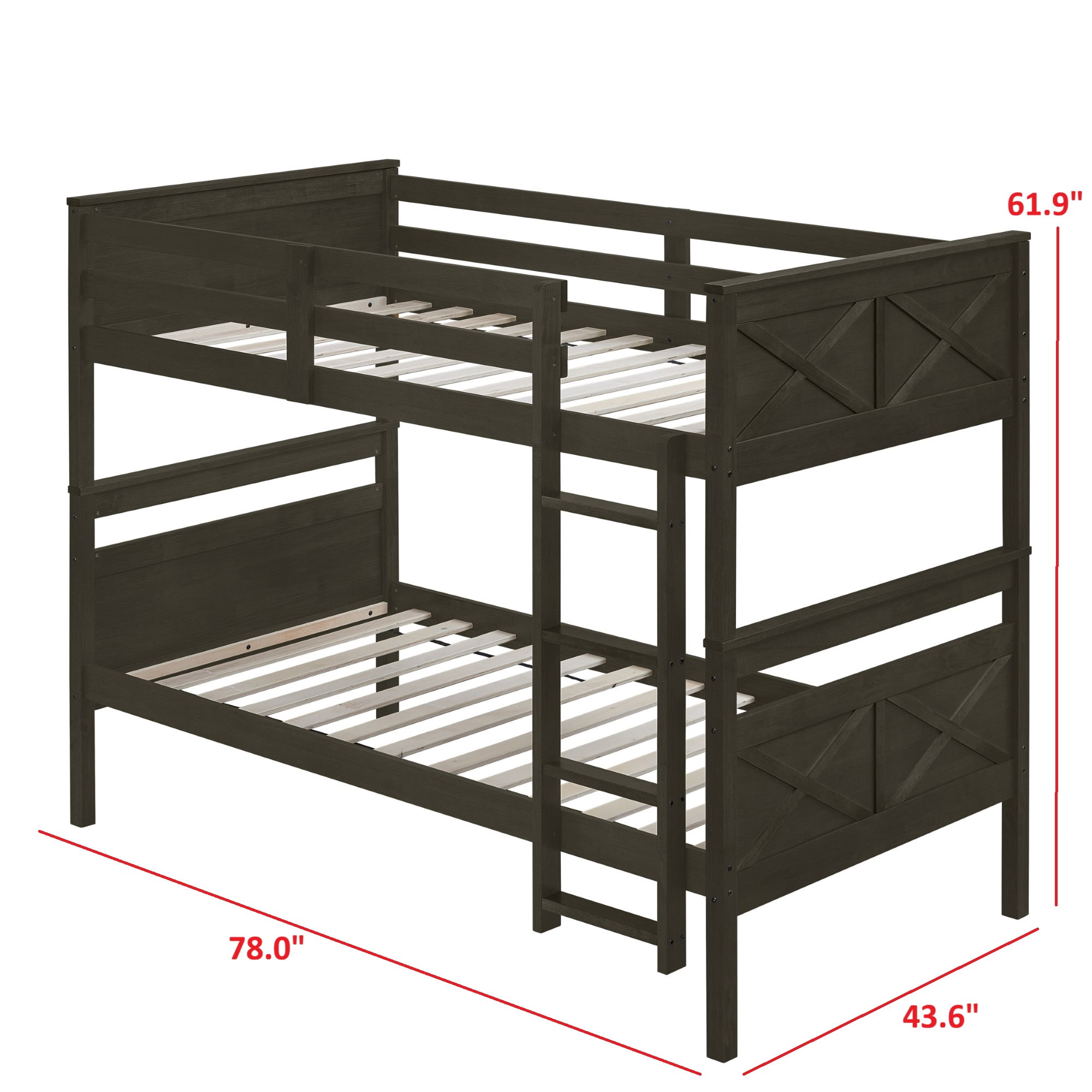 Home Design Exeter Twin Over Twin Solid Wood Bunk Bed Frame with Guardrails and Ladder, Dark Gray, Easy Assembly