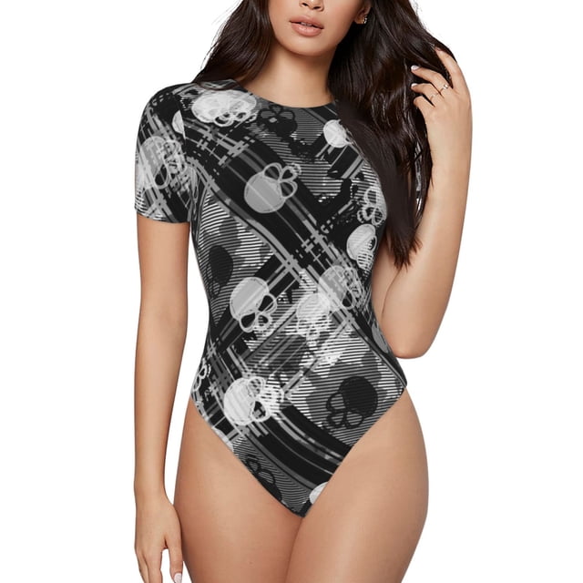 Balery Seamless Pattern With Skulls Body de cuello redondo de manga corta para mujer Tops de manga corta Tops básicos-Large