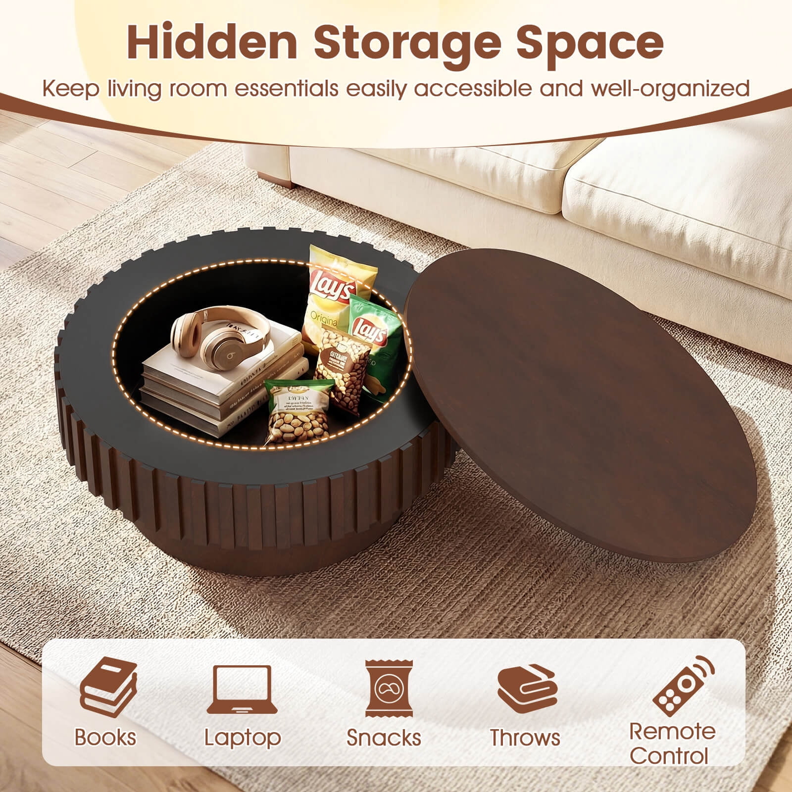 Costway Round Coffee Table with Storage, Wooden Drum Coffee Table with Hidden Compartment Walnut
