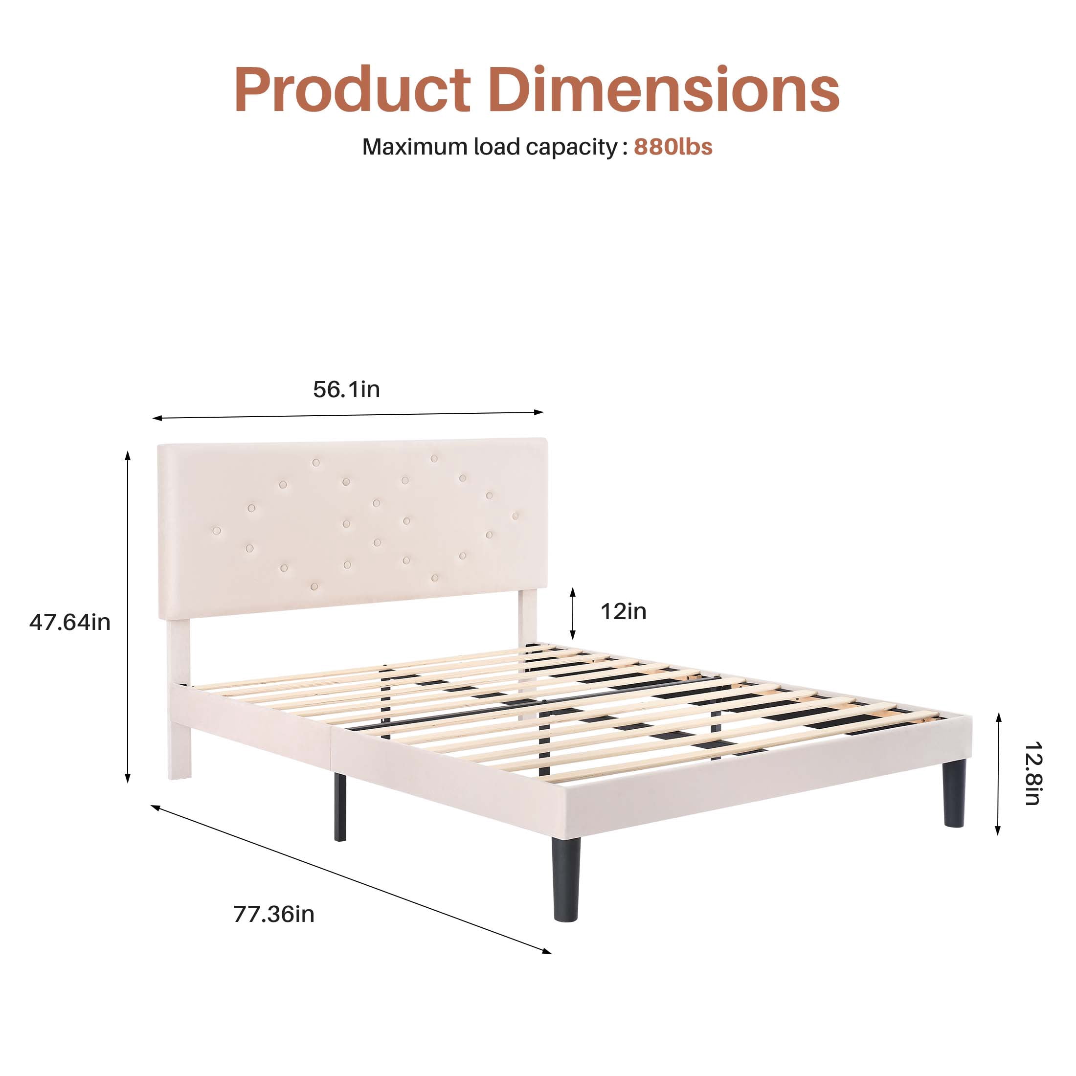 edx Upholstered Queen Bed Frame with Height-Adjustable Headboard and Crystal Buckle Accents, Beige
