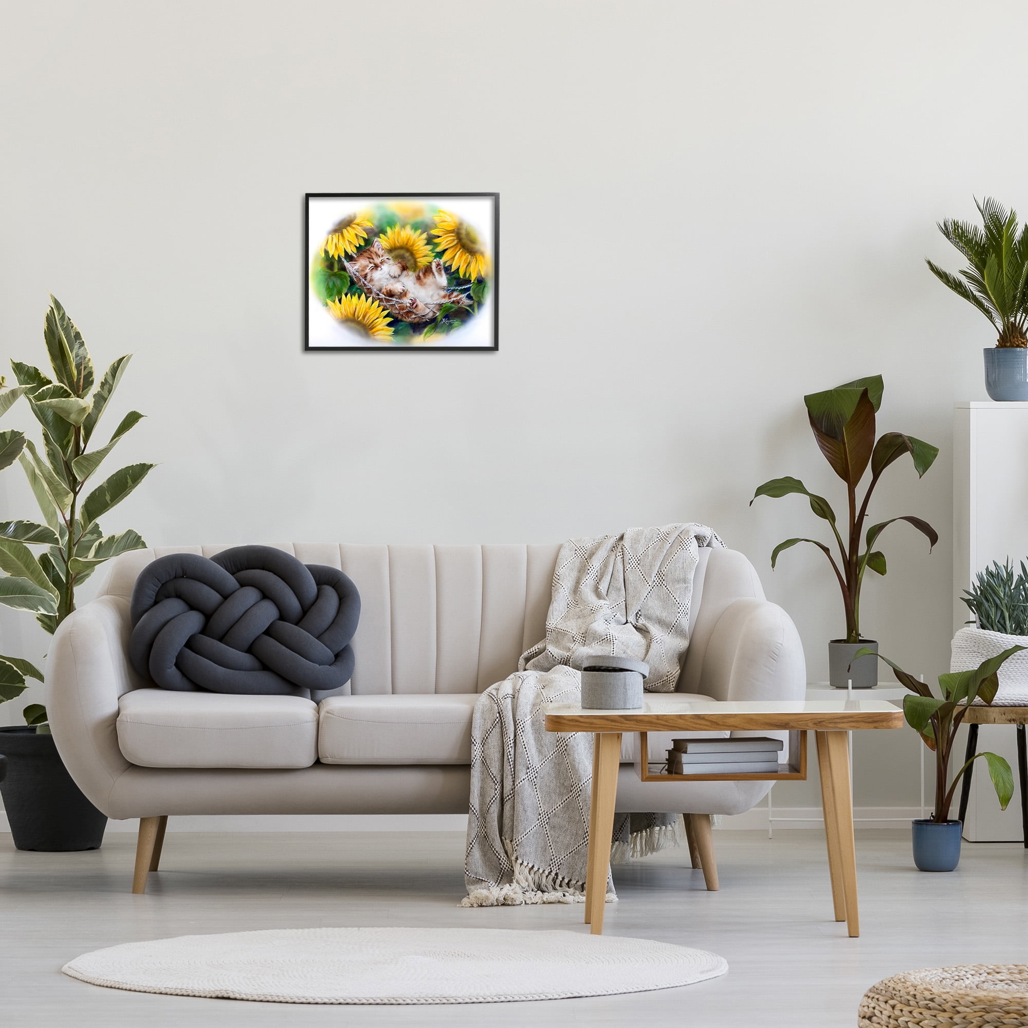 Stupell Industries Kitten Asleep with Sunflowers Animals & Insects Painting Black Framed Art Print Wall Art, 20 x 16