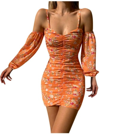 

Maternity Dress Black Dress Spring and Summer New Flower Print One-shoulder Elegant Suspender Long Sleeve Dress Summer Savings Dresses for Women Formal Dresses for Women Evening Party Orange M