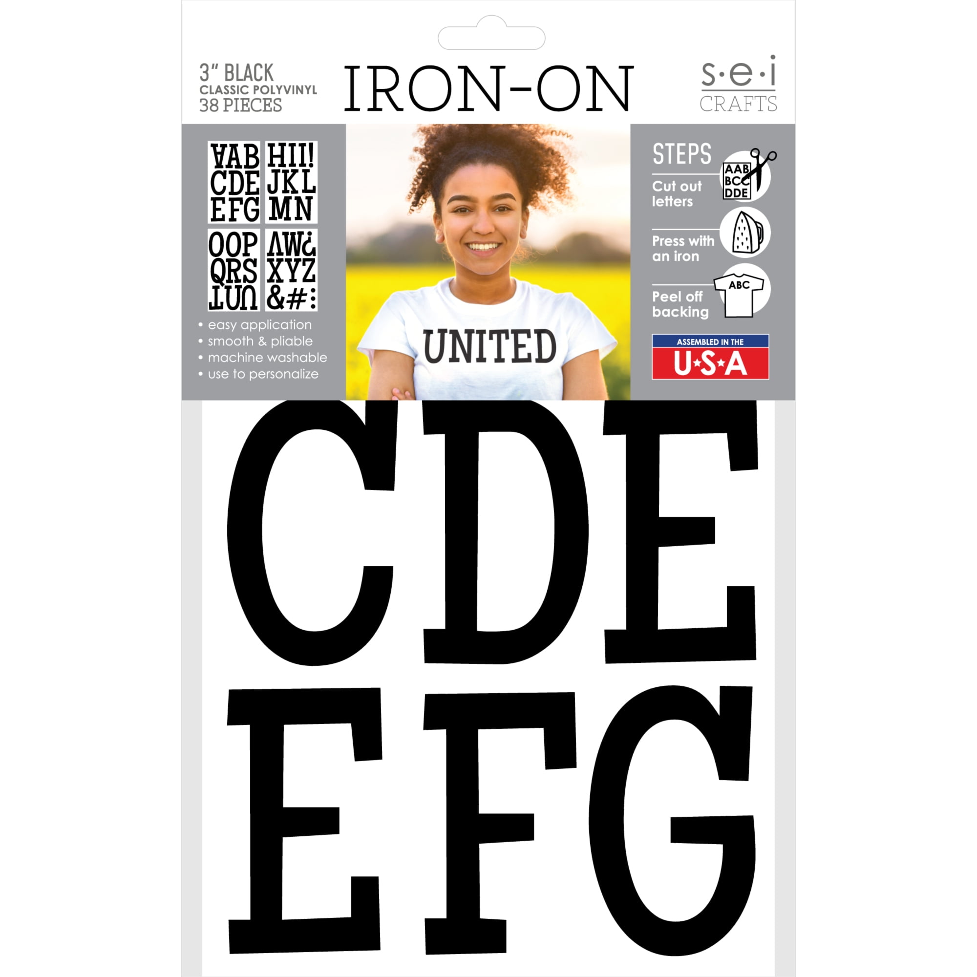 S.E.I. 3-inch Classic Iron-on Letters, Polyvinyl Heat Transfers, Black