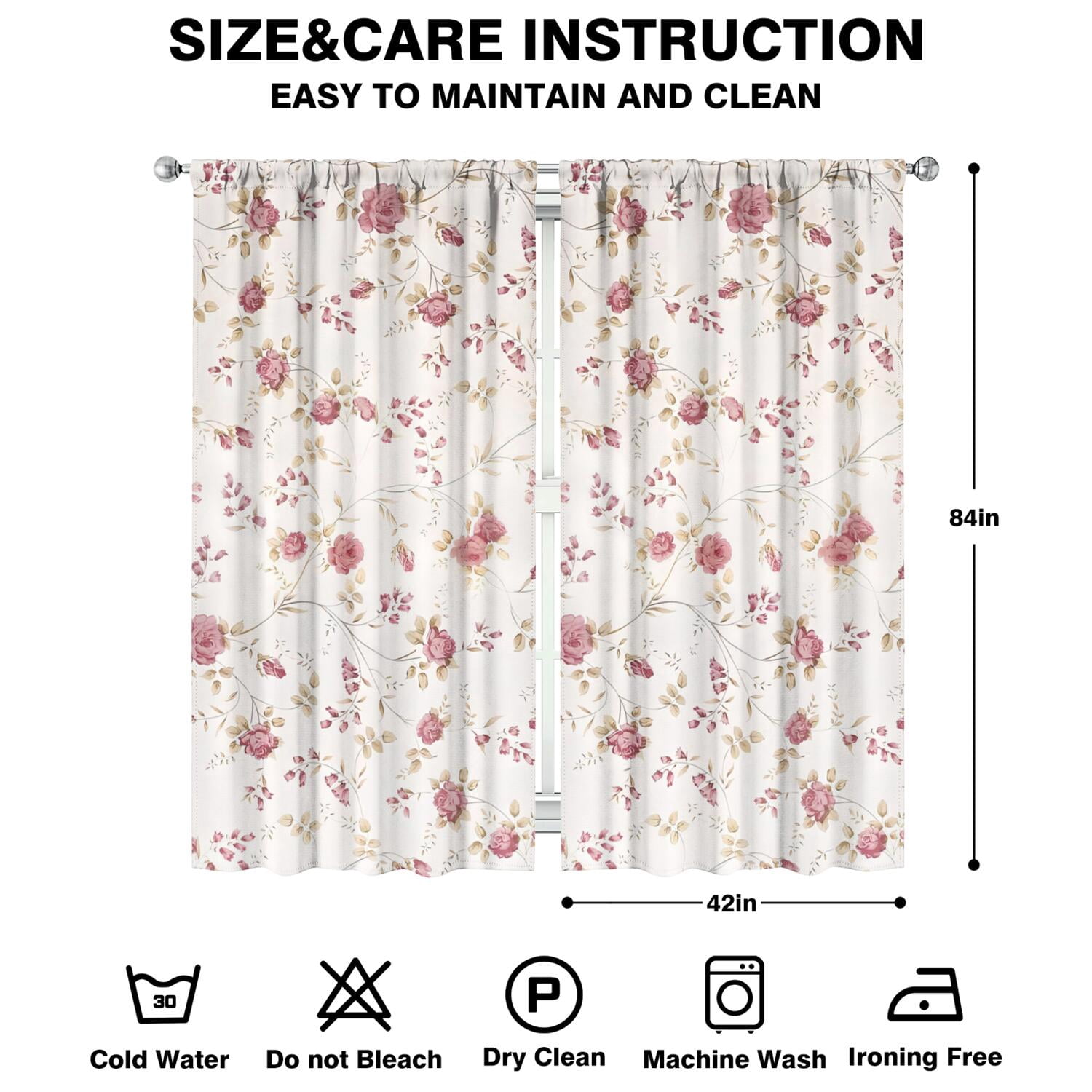 Light Filtering Floral Curtains 42x84 Inch Rod Pocket Blackout Drapes 2 Panels for Bedroom and Comfortable Privacy