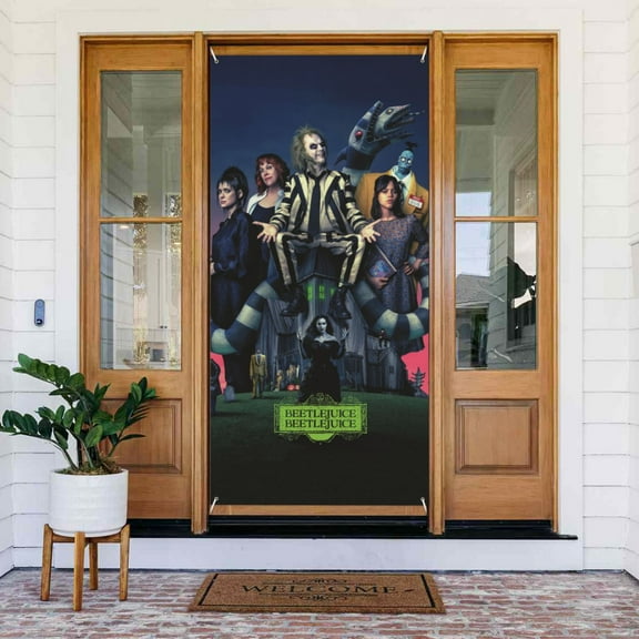 Beetlejuice Door Cover Decorated Banner Background Decorative Tapestry Holiday Party Photography (35.4″ X 72.8″)