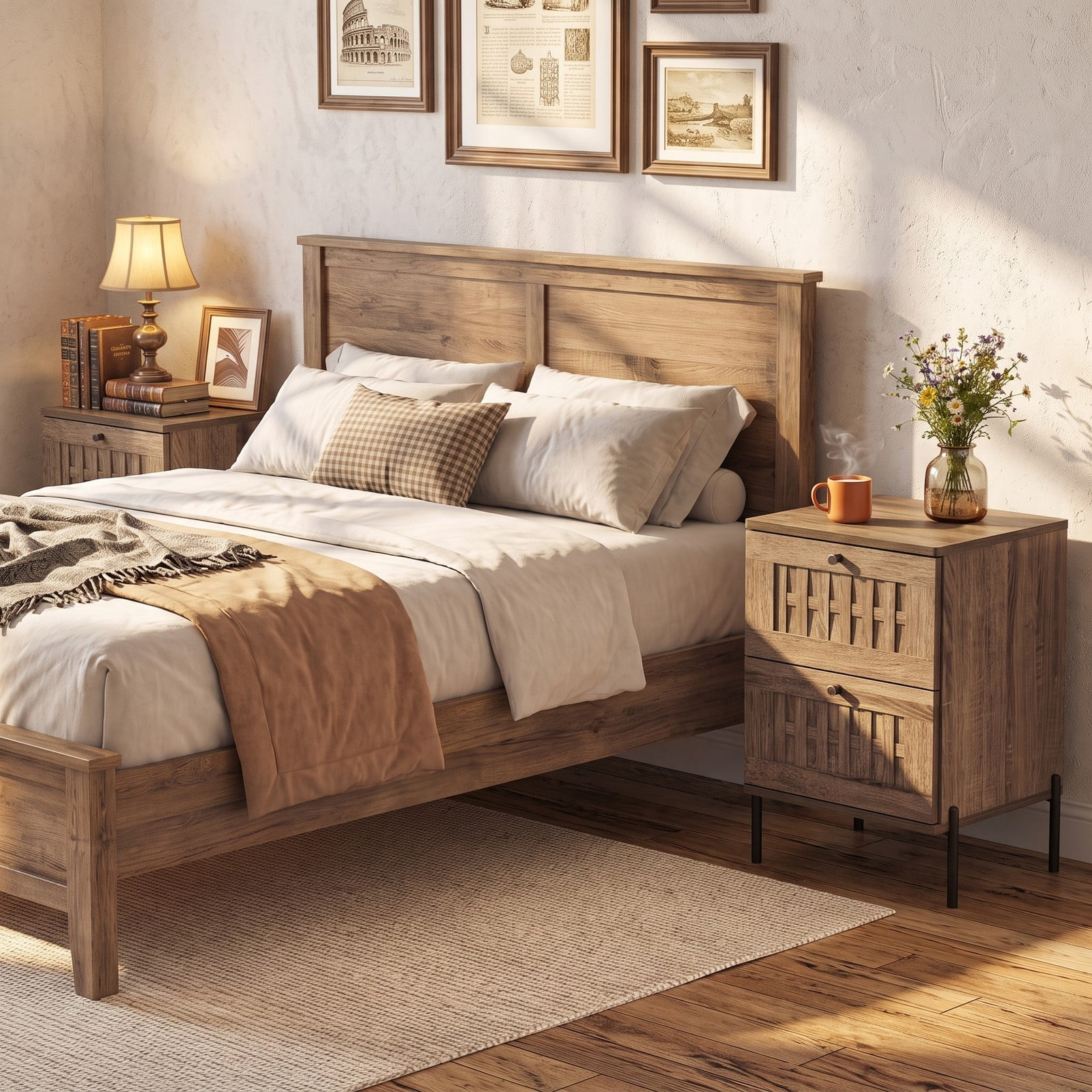 Furnibear Mid Century Modern Nightstand End Table with 2 Storage Drawers and Metal Legs for Bedroom Living Room, Rustic Oak