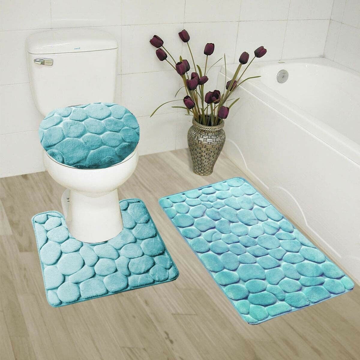 Pink 3pcs/Set Carpet Bathroom Toilet Bath Shower Pad Mat Flannel Soft Washable 