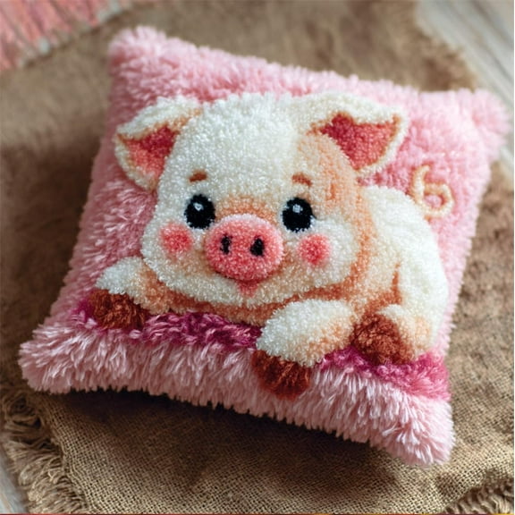 Animal Latch Hook Kit Cushion For Adults,Cute Pink Pig 17X17Inch,Diy Pre-Printed Craft Latch Hook Rug Kits Cross-Stitch Embroidery Pillow Cover Kit For Christmas/S Home Sofa Decoration