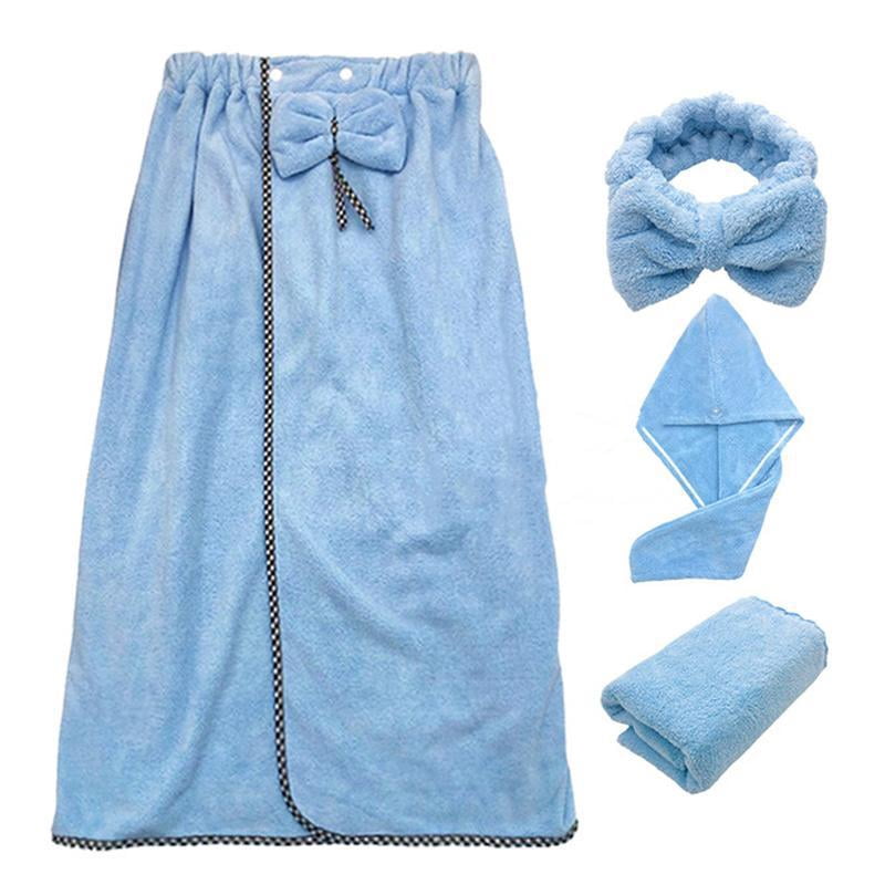 Yammee 4Pcs/Set Women Wearable Bath Wrap with Towel Headband Hair Dry Cap Bow Bathrobe