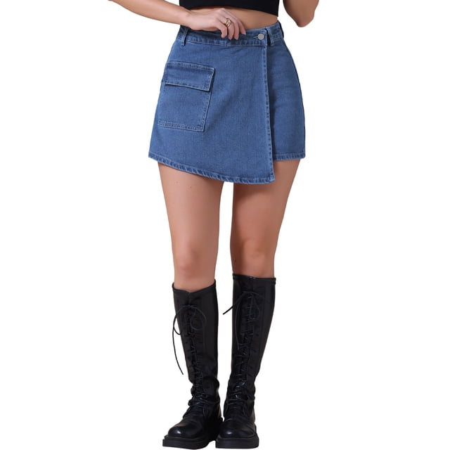 Pantalones cortos de mezclilla para mujer Inspire Chic, cargo, de imitación envolvente, de cintura alta, mini shorts de jean, L, azul oscuro