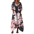 thumbnail image 2 of Heisall 2026 Spring Summer Boho Floral Printed Linen Maxi Dress V Neck Batwing Sleeve Oversized Kaftan Dresses with Pockets, 2 of 7