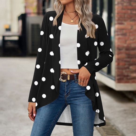 JUSLIO Polka Dot Tops for Women Relaxed Fit Graphic Cardigans Fashion Long sleeve Cardigans Black L