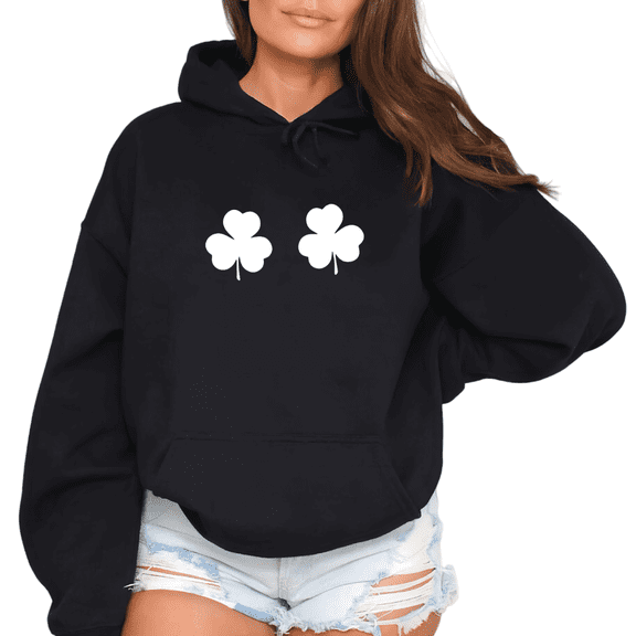 Women's St Patrick Day Double White Clover Graphic Breathable Hoodie Comfortable Hooded long-sleeved Black S-2XL