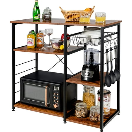 

Kitchen Baker’s Rack Industrial Style Microwave Oven Stand with Wire Basket 6 Hooks 3 Storage Shelves Standing Coffee Bar Table Metal Frame (Reddish Brown & Black)