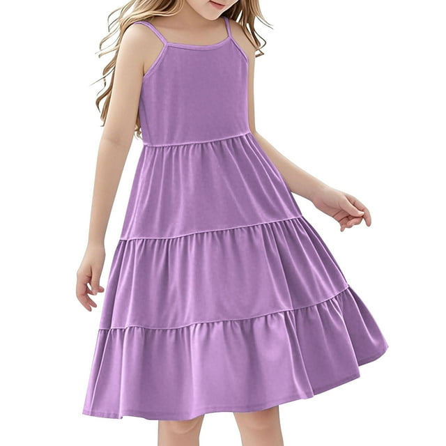 Flowy Dresses for Girl Summer in Clearance Toddler Girl Summer Dresses Tween Boho Spaghetti Strap A-Line Flowy Ruffle Tiered Sundress New Purple 11 Years