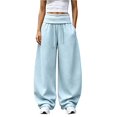 thumbnail image 2 of Women's Foldover Waist Sweatpants Loose Fit Casual Bottoms Solid Color Drawstring Wide Leg Trousers With Side Pockets, 2 of 6