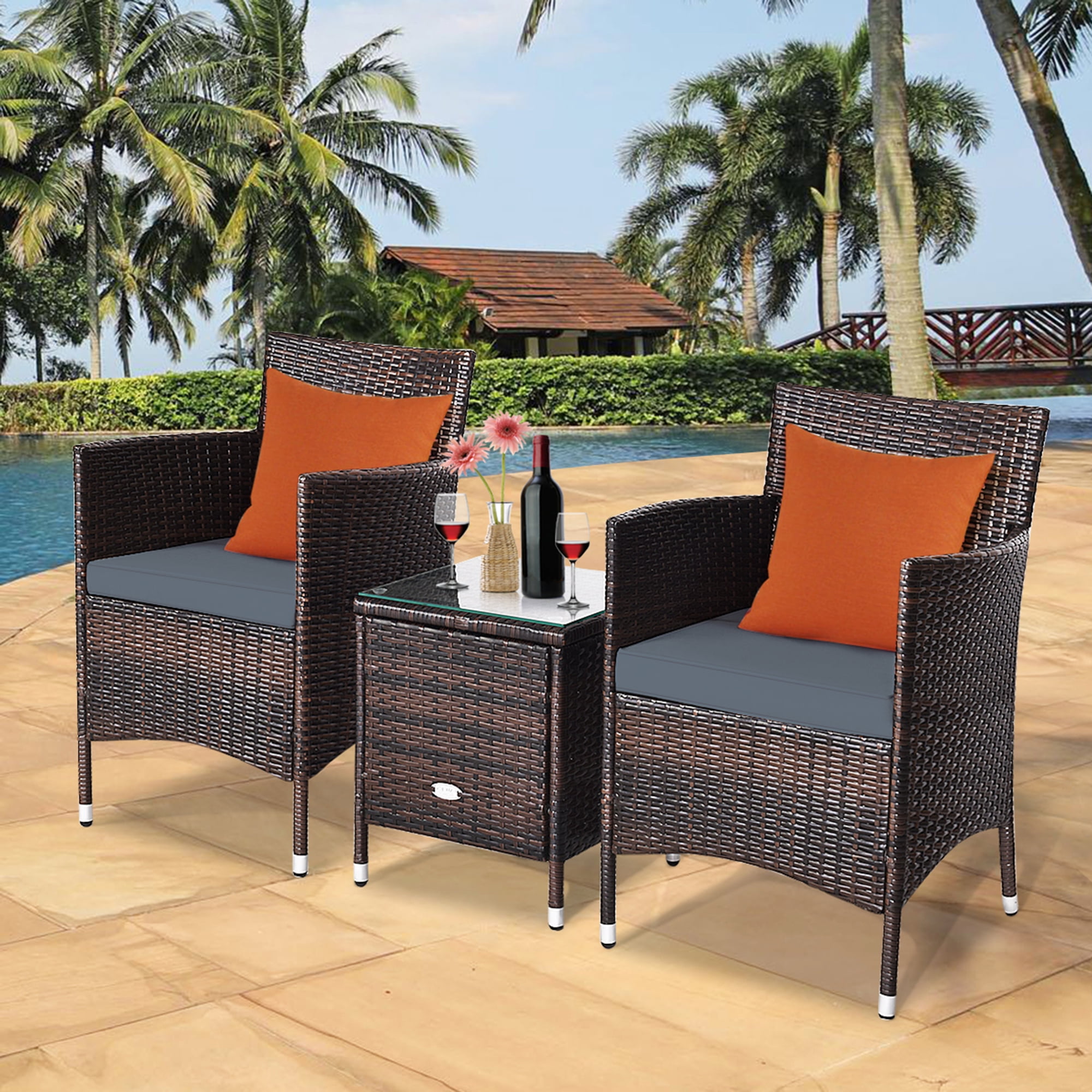 Gymax 3PCS Patio Rattan Chair & Table Furniture Set Outdoor w/ Grey Cushion