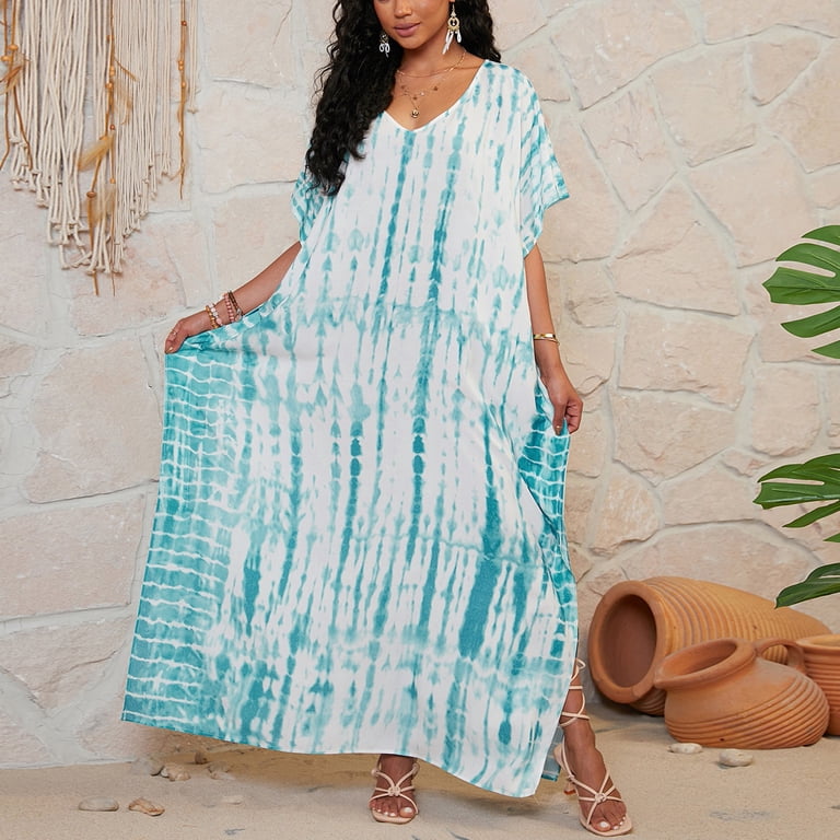 tie dye beach cover up dress Seafoam Teal Tie Dye Kaftan Maxi Dress | Resort Wear Beach Cover Up