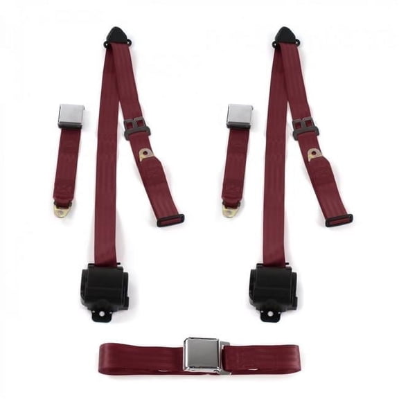 SafeTboy  Chevy II 1966-1967 Airplane 3 Point Burgandy Retractable Bench Seat Belt Kit - 3 Belts
