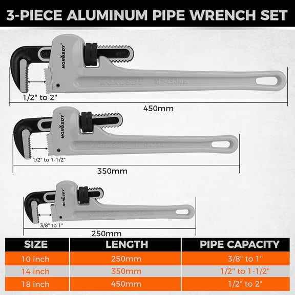 3 - Piece Aluminum Pipe Wrench Set 10", 14", 18"