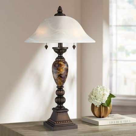 Kathy Ireland Alabaster Traditional Table Lamp 27" Tall Aged Bronze Faux Marble White Alabaster Glass Dome Shade for Bedroom Living Room Bedside Kids