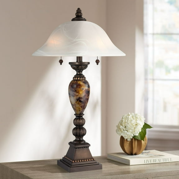 Kathy Ireland Alabaster Traditional Table Lamp 27" Tall Aged Bronze Faux Marble White Alabaster Glass Dome Shade for Bedroom Living Room Bedside Kids