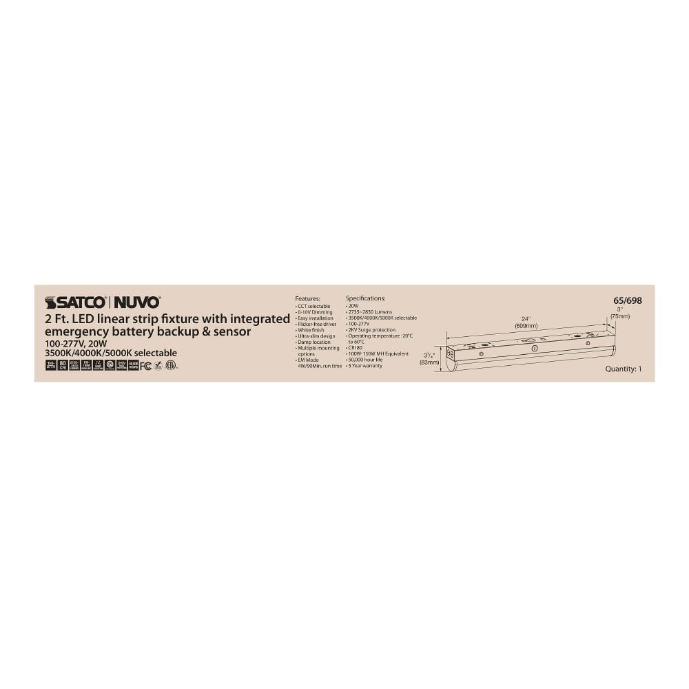 Nuvo Lighting - 20W LED CCT Selectable Linear Strip Light with Emergency Battery